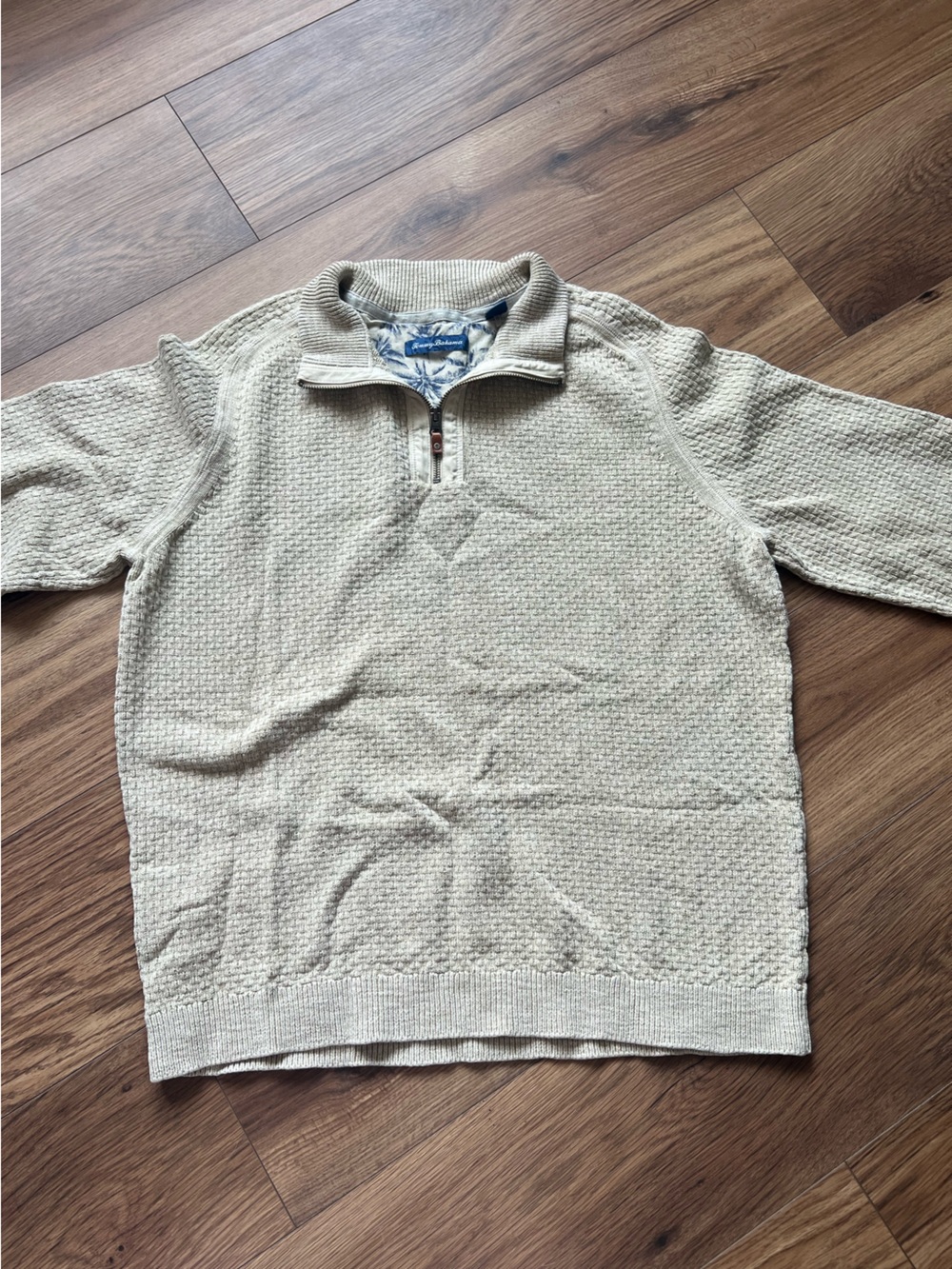 Tommy Bahama Sunbreak Half Zip Waffle Knit Sweater Warm Mist Elbow Patch XL